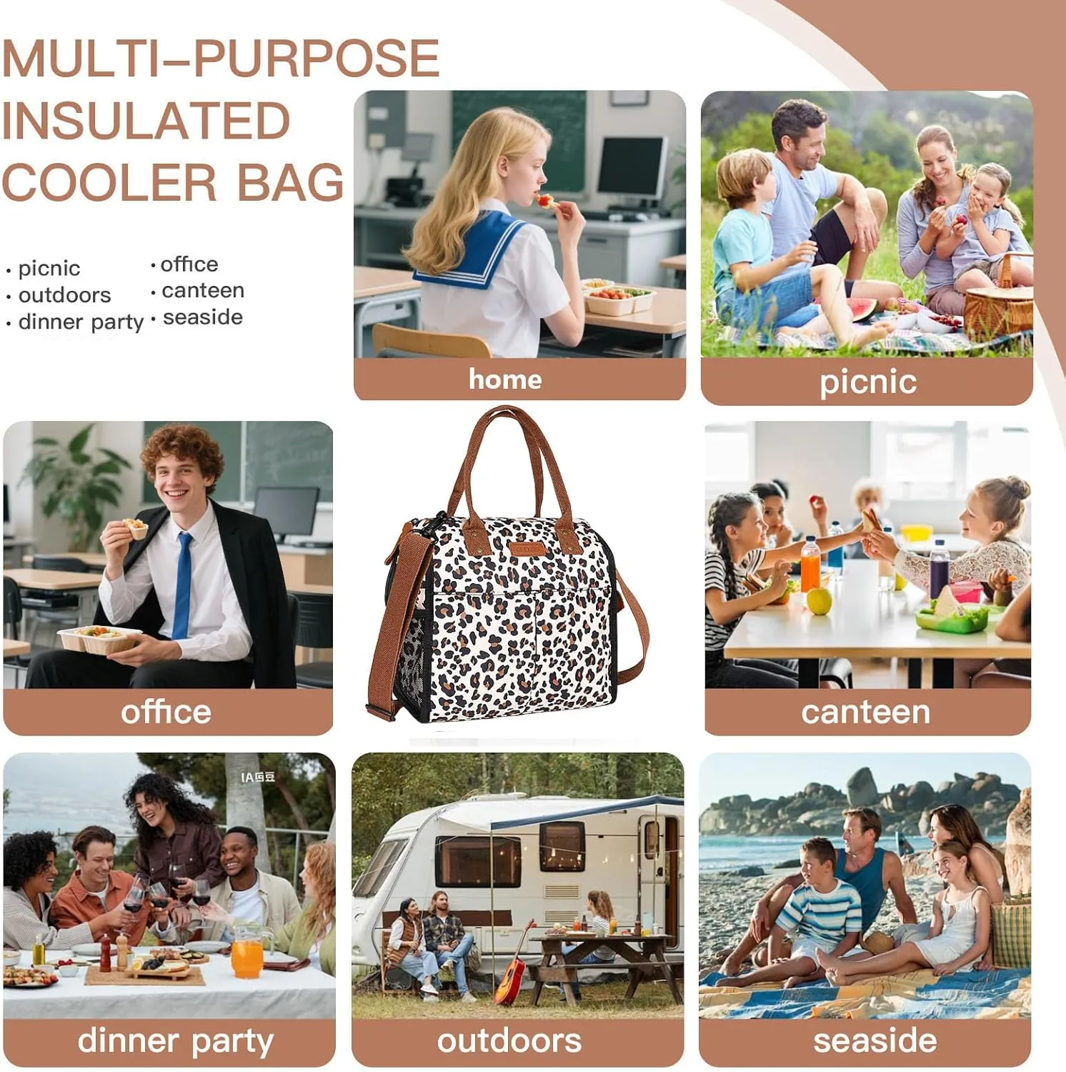 Lunch Bag Women Insulated Lunch Box Wide-Open Lunch Tote Bag with Removable Shoulder Strap Leopard Leakproof Portable Cooler Tote Bags for Adults Work Picnic Travel Road Trips.