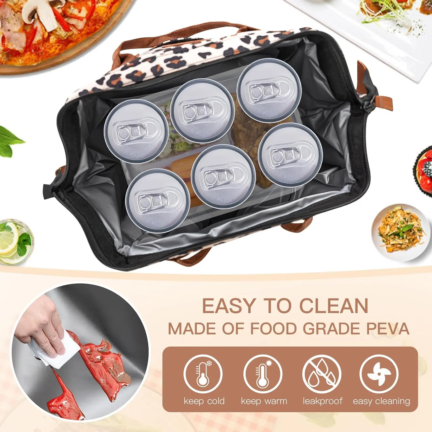 Lunch Bag Women Insulated Lunch Box Wide-Open Lunch Tote Bag with Removable Shoulder Strap Leopard Leakproof Portable Cooler Tote Bags for Adults Work Picnic Travel Road Trips.