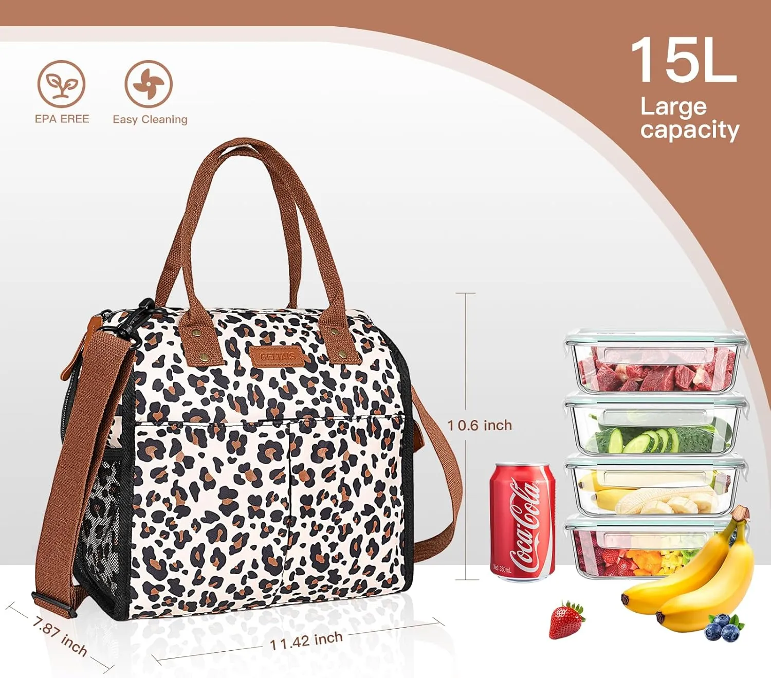 Lunch Bag Women Insulated Lunch Box Wide-Open Lunch Tote Bag with Removable Shoulder Strap Leopard Leakproof Portable Cooler Tote Bags for Adults Work Picnic Travel Road Trips.