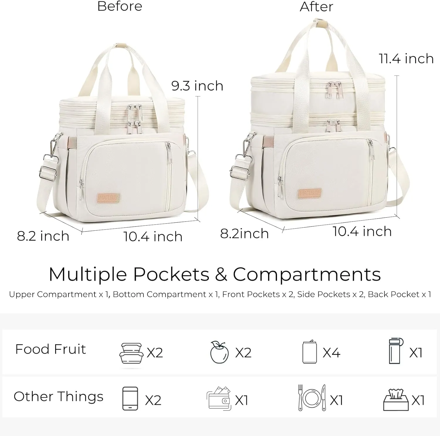 Lunch Box for Men Women - Double Deck Insulated Lunch Bag, Large Leak Proof Tote Cooler, Wide Open Dual Compartment Lunch Bags with Shoulder Strap, For Work Picnic Hiking Beach, Beige
