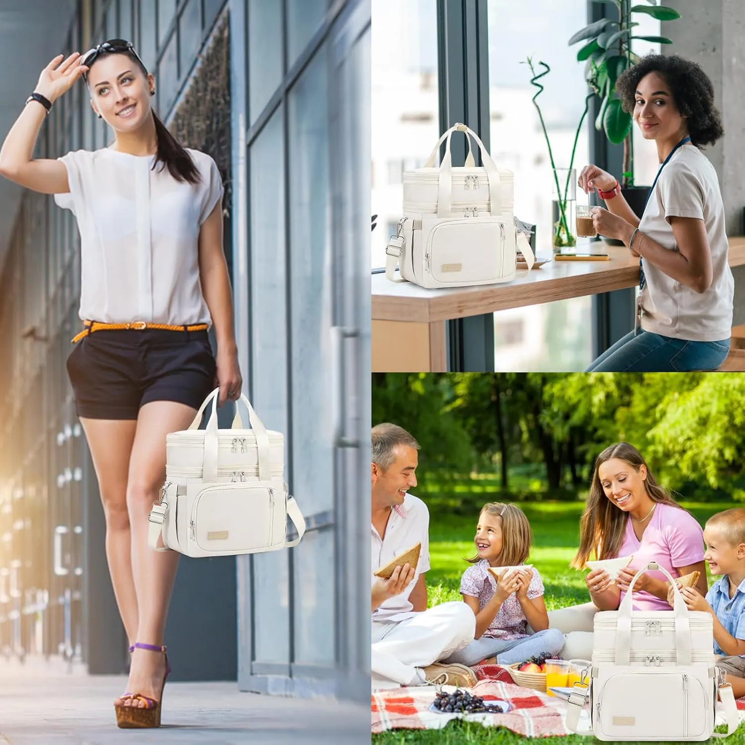 Lunch Box for Men Women - Double Deck Insulated Lunch Bag, Large Leak Proof Tote Cooler, Wide Open Dual Compartment Lunch Bags with Shoulder Strap, For Work Picnic Hiking Beach, Beige