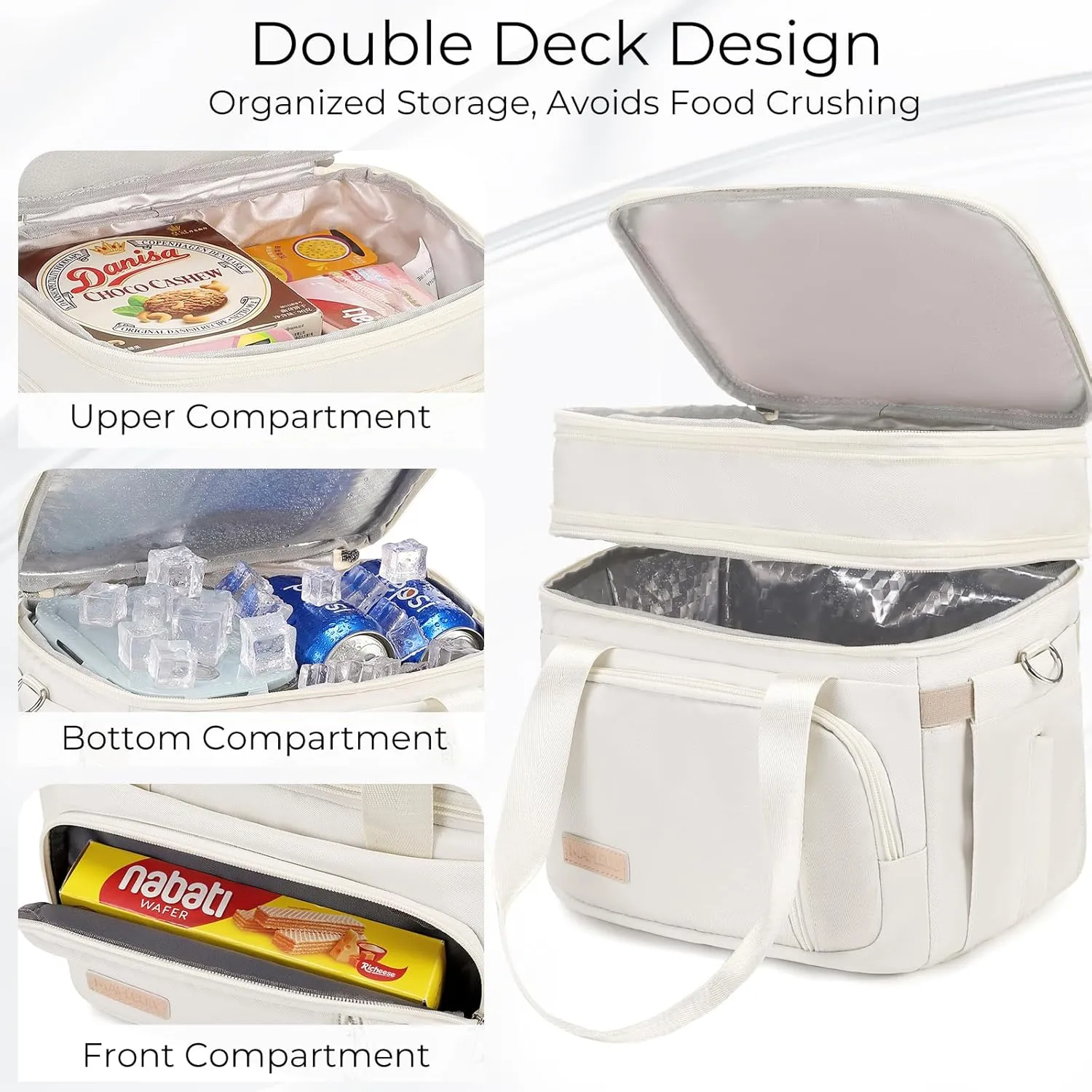 Lunch Box for Men Women - Double Deck Insulated Lunch Bag, Large Leak Proof Tote Cooler, Wide Open Dual Compartment Lunch Bags with Shoulder Strap, For Work Picnic Hiking Beach, Beige