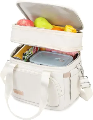 Lunch Box for Men Women - Double Deck Insulated Lunch Bag, Large Leak Proof Tote Cooler, Wide Open Dual Compartment Lunch Bags with Shoulder Strap, For Work Picnic Hiking Beach, Beige