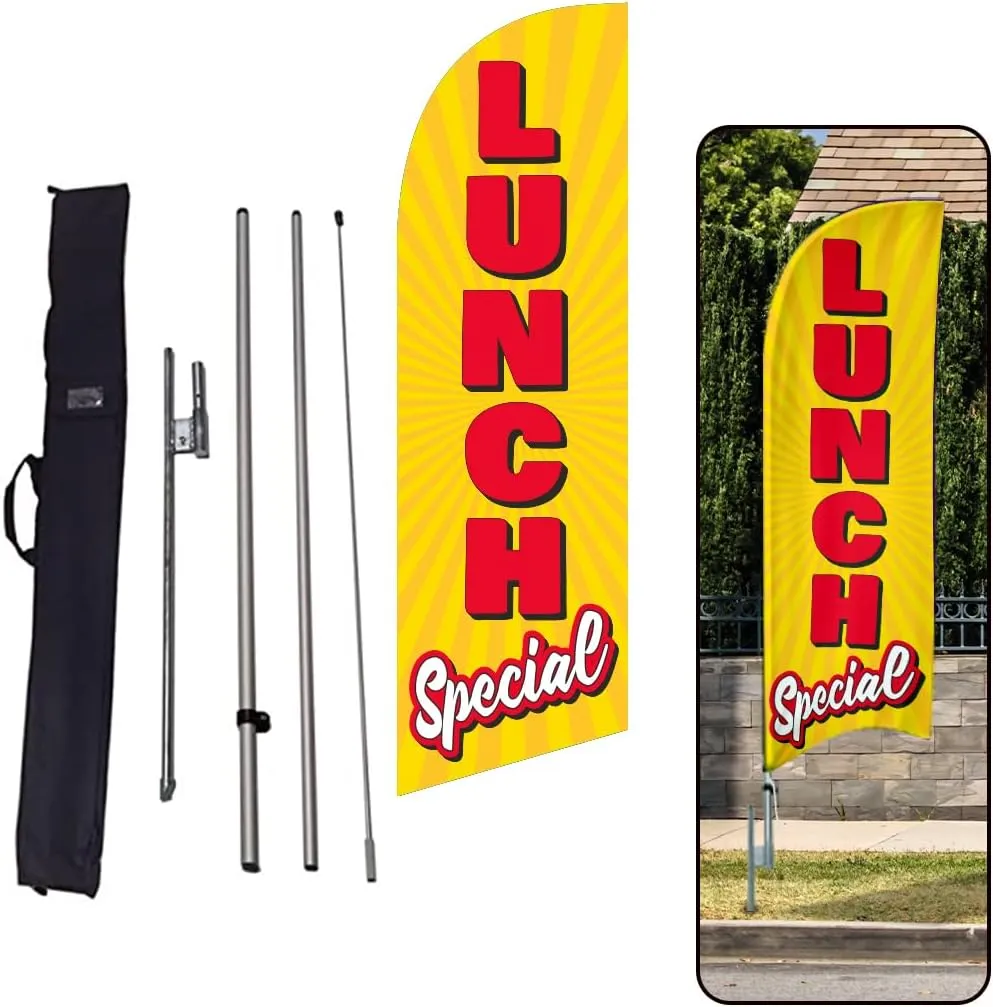 Lunch Special 6ft Swooper Feather Flag for Restaurants Business Advertising outdoor windless feather Banner with complete pole kit of 8ft, Ground Stake, and Travel Bag