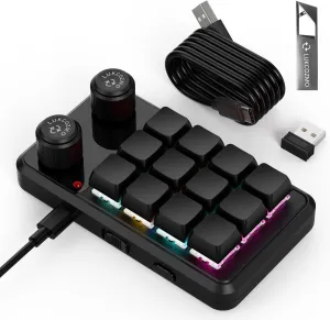 Macro Pad Macro Keyboard Programmable Keypad Customized 12-Key Mini Mechanical Gaming Keyboard One Handed Keyboard RGB OSU Micro Keyboard Macropad Knob Wireless Receiver&Type C 1m Cable(Black)