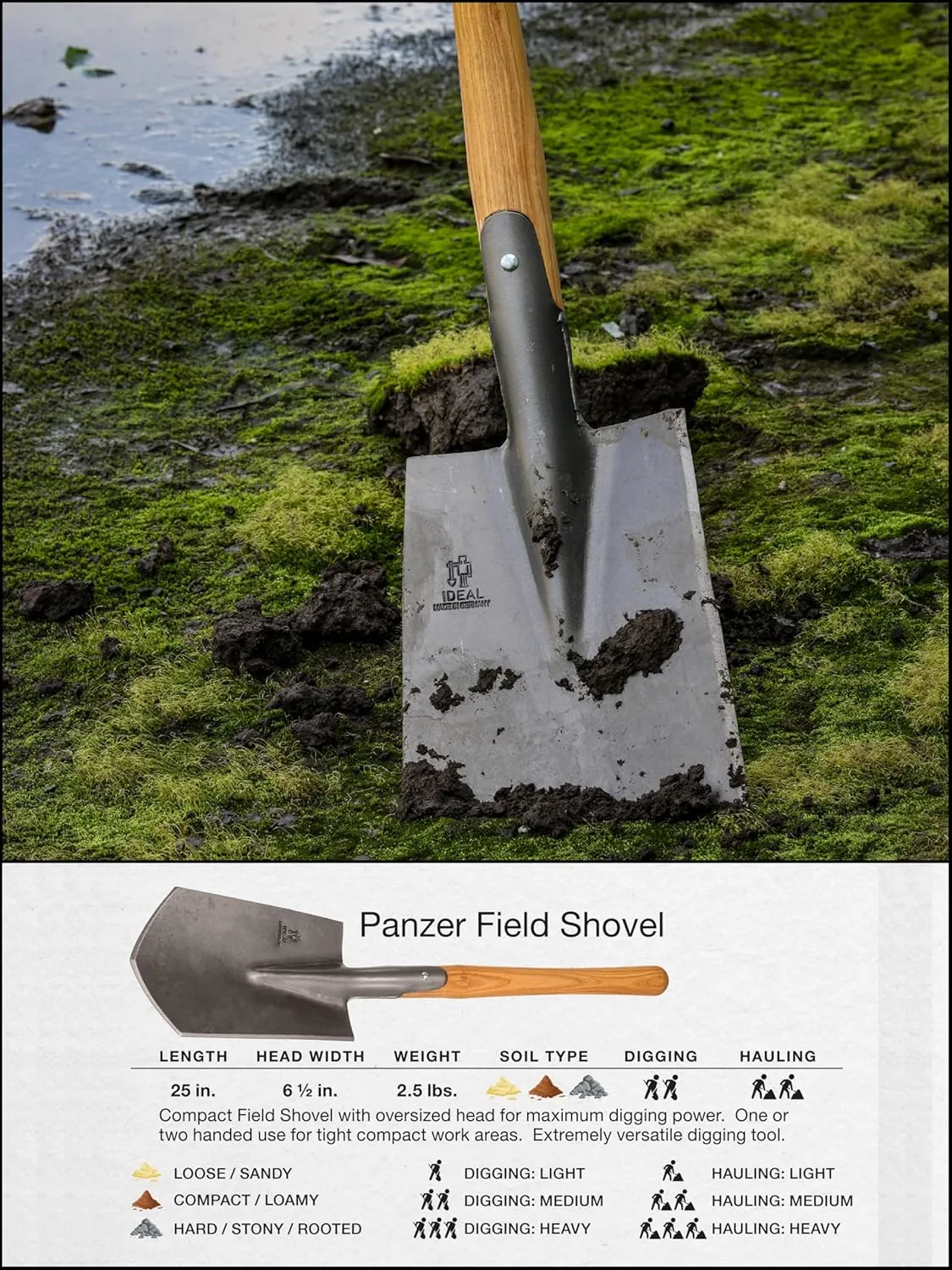 Made in Germany Since 1899 - Panzer Field Shovel - Historical German Shovel - for Vehicle Overland Camping 3.5lb - 25in (Panzer)#IS340