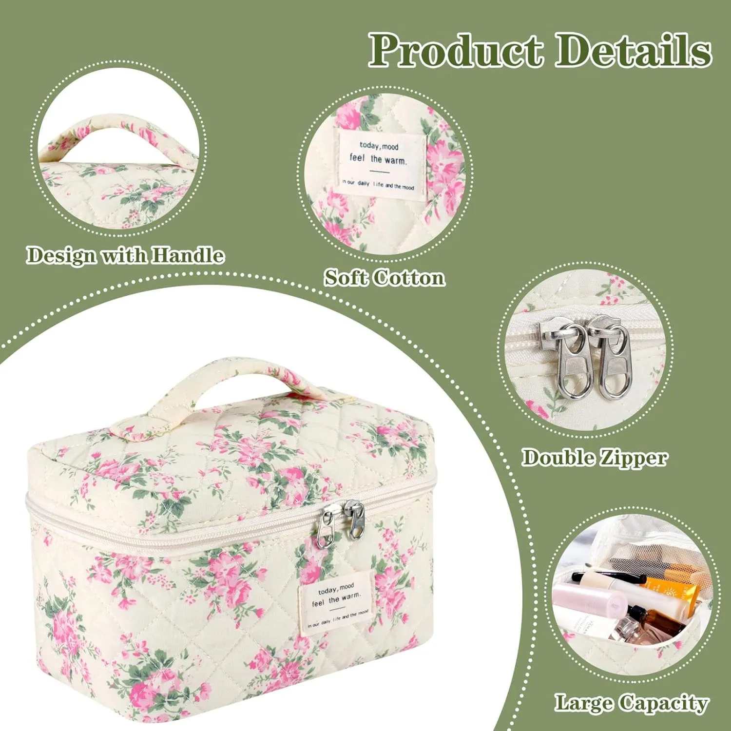 Makeup Bag, 3 Pcs Cotton Floral Quilted Makeup Bag Set, Large Toiletry Travel Cosmetic Bag for Women