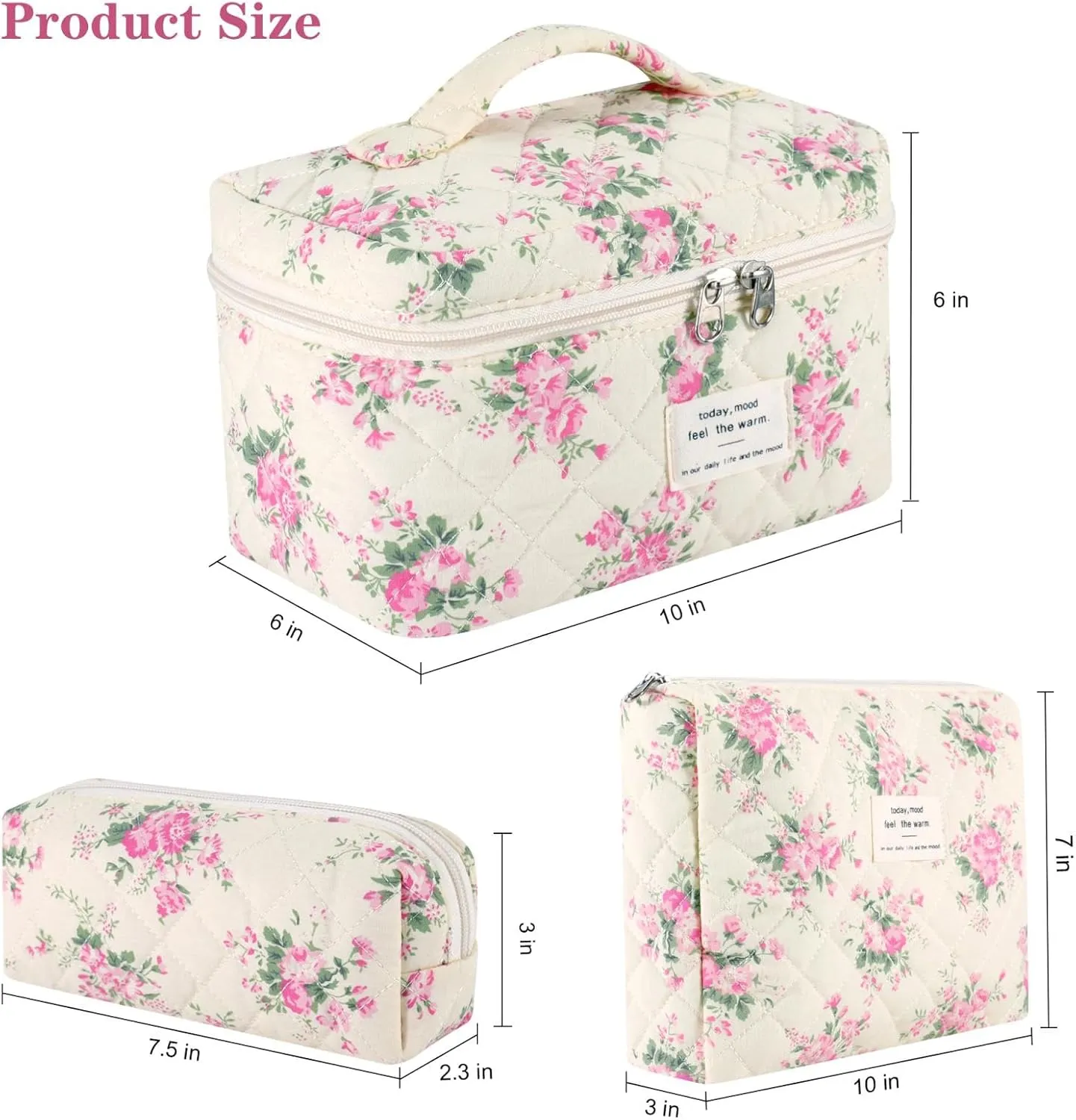 Makeup Bag, 3 Pcs Cotton Floral Quilted Makeup Bag Set, Large Toiletry Travel Cosmetic Bag for Women