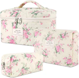 Makeup Bag, 3 Pcs Cotton Floral Quilted Makeup Bag Set, Large Toiletry Travel Cosmetic Bag for Women