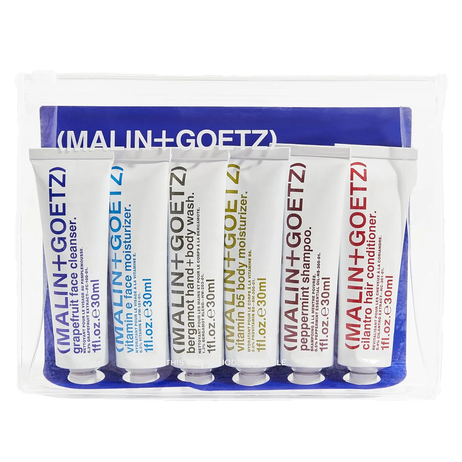 Malin   Goetz Essentials Starter Kit, Set of 6, 1 Fl. Oz. – Face Cleanser, Face Moisturizer, Hand & Body Wash, Body Moisturizer, Hair Shampoo & Conditioner - Travel Size Toiletries