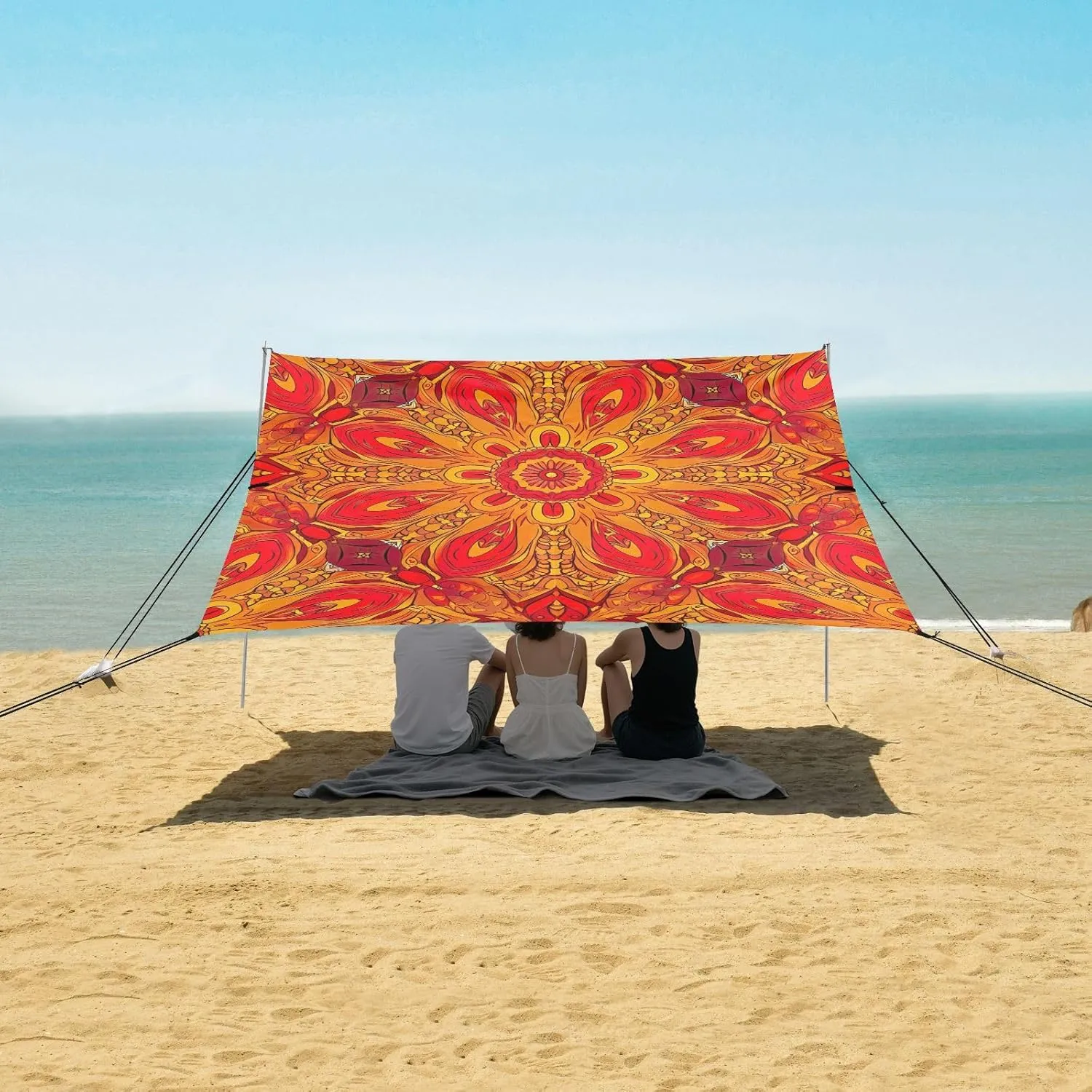 Mandala Floral Orange Red Tent Beach Canopy Outdoor Patio Sun Shade Floral Camping Sun Shelter Sunshade with Poles Sandbags Easy 9.2 × 10.5 FT