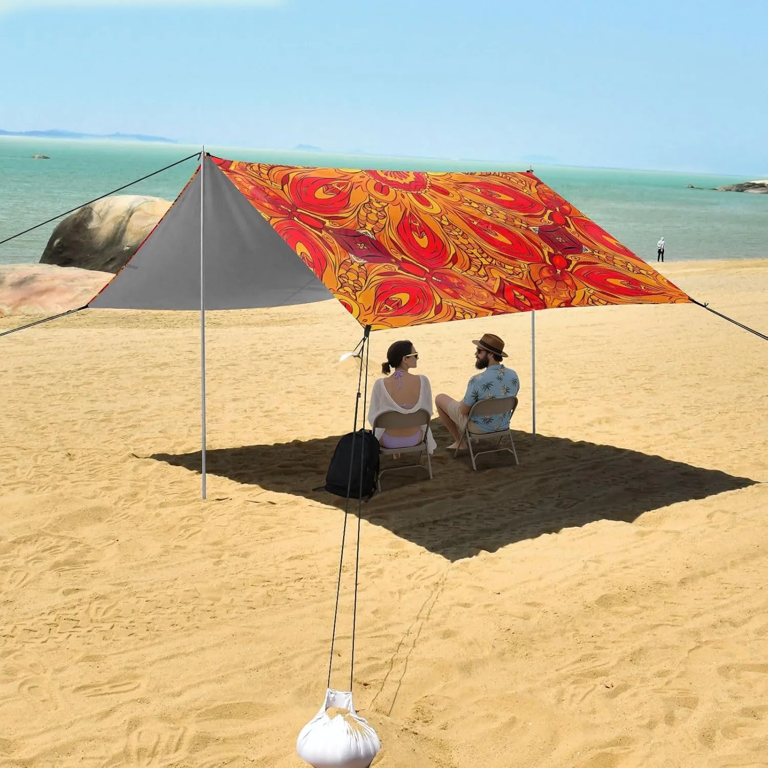 Mandala Floral Orange Red Tent Beach Canopy Outdoor Patio Sun Shade Floral Camping Sun Shelter Sunshade with Poles Sandbags Easy 9.2 × 10.5 FT