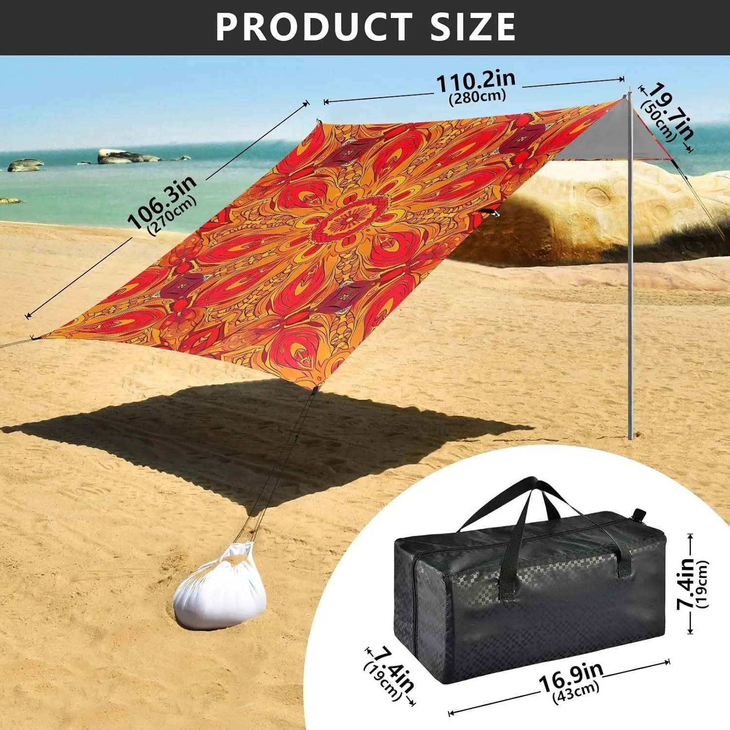 Mandala Floral Orange Red Tent Beach Canopy Outdoor Patio Sun Shade Floral Camping Sun Shelter Sunshade with Poles Sandbags Easy 9.2 × 10.5 FT