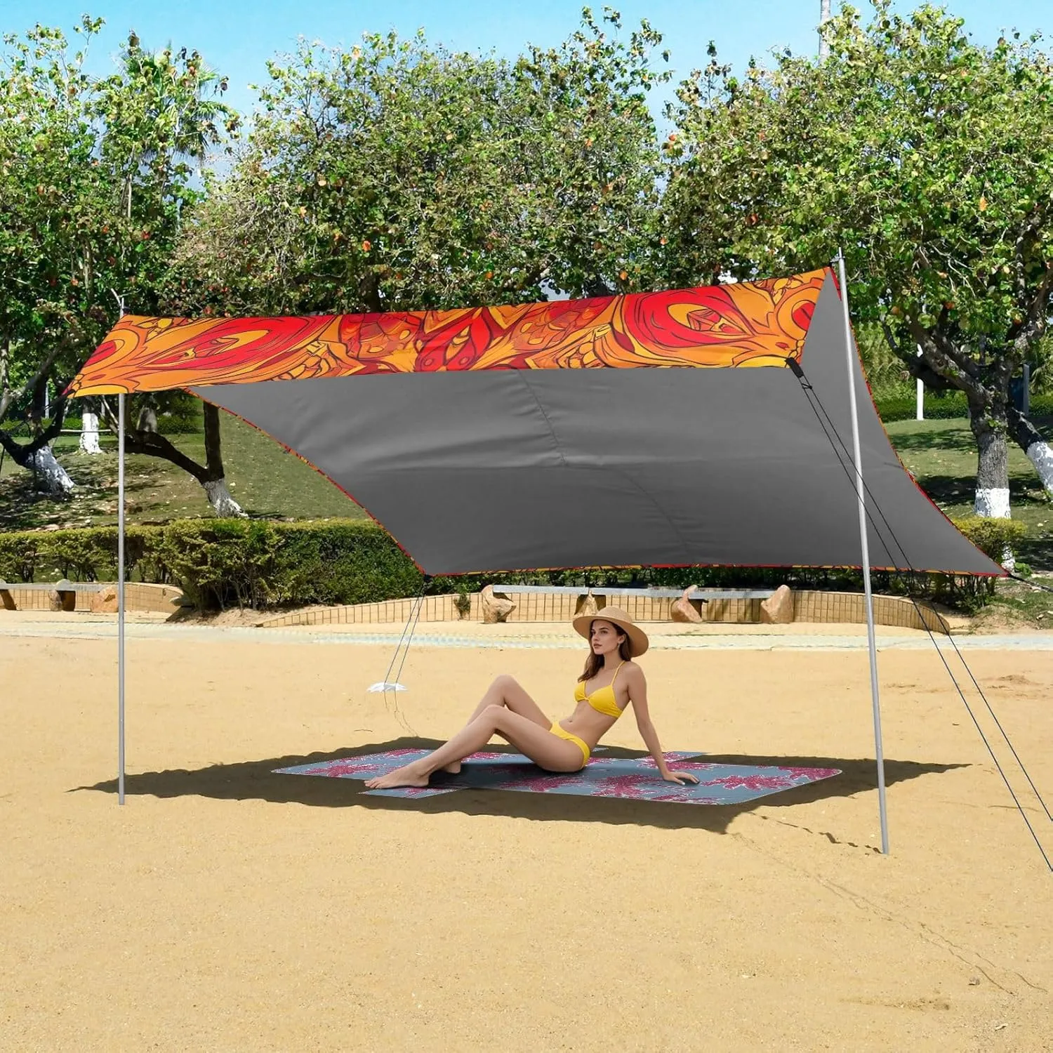 Mandala Floral Orange Red Tent Beach Canopy Outdoor Patio Sun Shade Floral Camping Sun Shelter Sunshade with Poles Sandbags Easy 9.2 × 10.5 FT