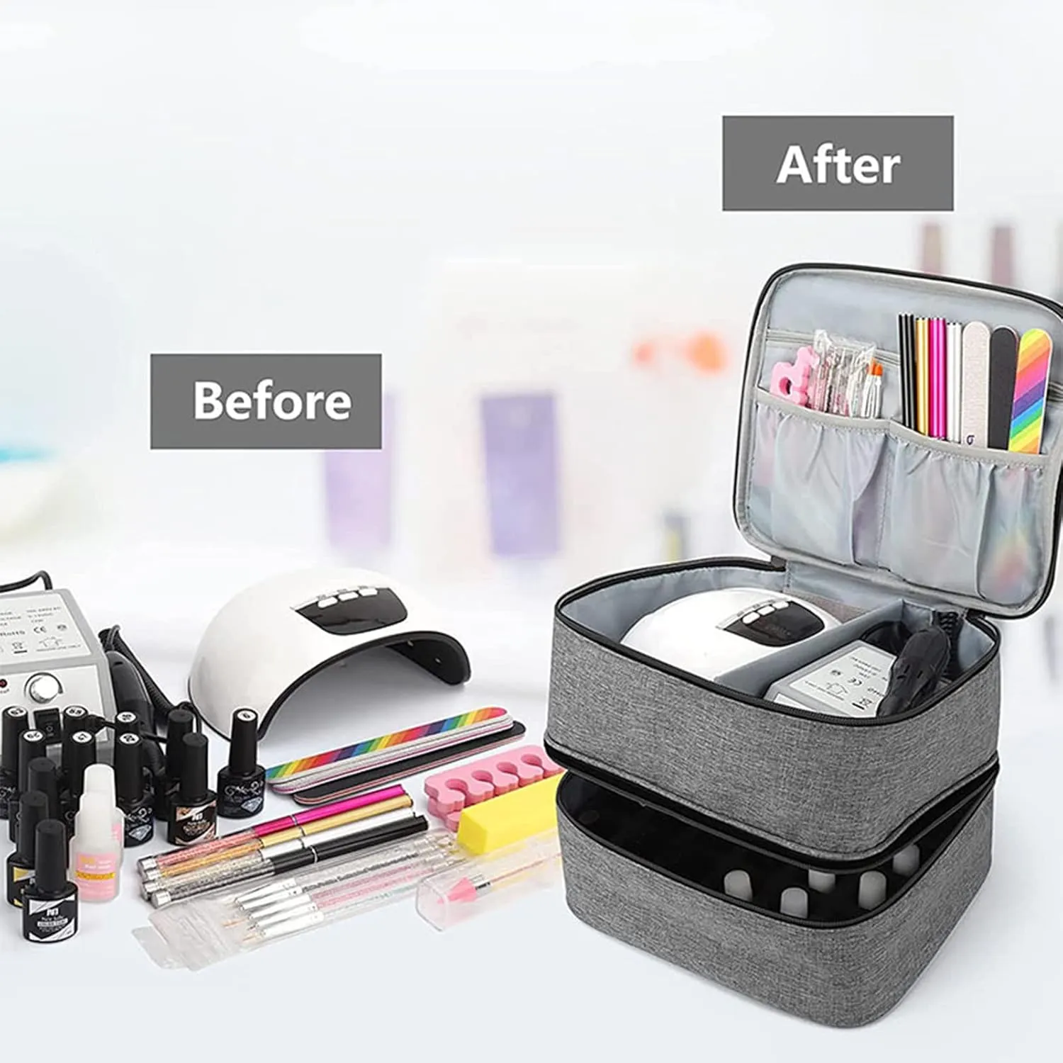 Manicure Tools Organiser Case, Detachable 2 Layers Nail Polish Nail Varnish Case Nail Varnish Storage Bag Nail Varnish Travel Carrying Case for Nail Polish Tools Kit (Empty Case) (Grey), Gray