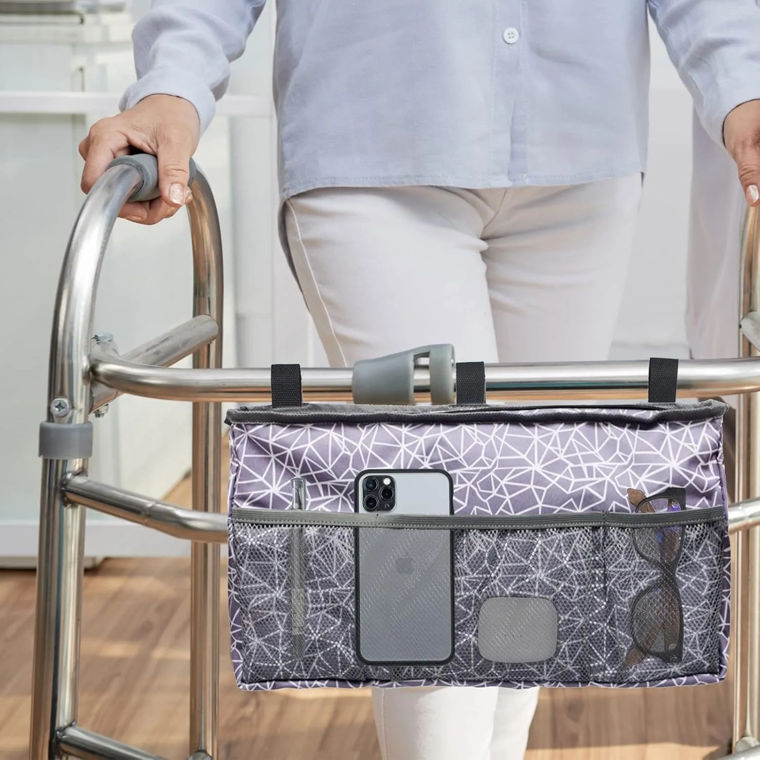 MDSTOP Walker Bag Organizer, Hanging Storage Bag, Waterproof Accessory Tote Caddy, Universal Fits for Scooters or Rollators (Purple Grey, 16.5" x 9")