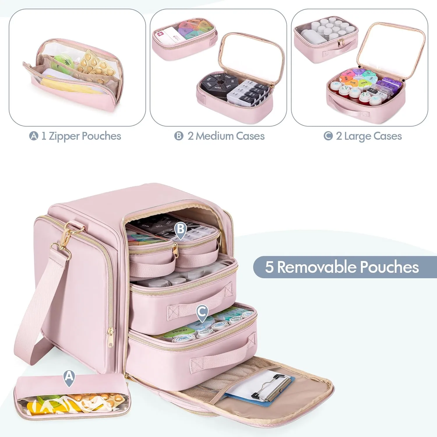 Medicine Storage Bag with 5 Removable Pouches, Pill Bottle Organizer Bag with Shoulder Strap, Large Medication Travel Bag for Medical Supplies, Pink(Only Empty Bag)
