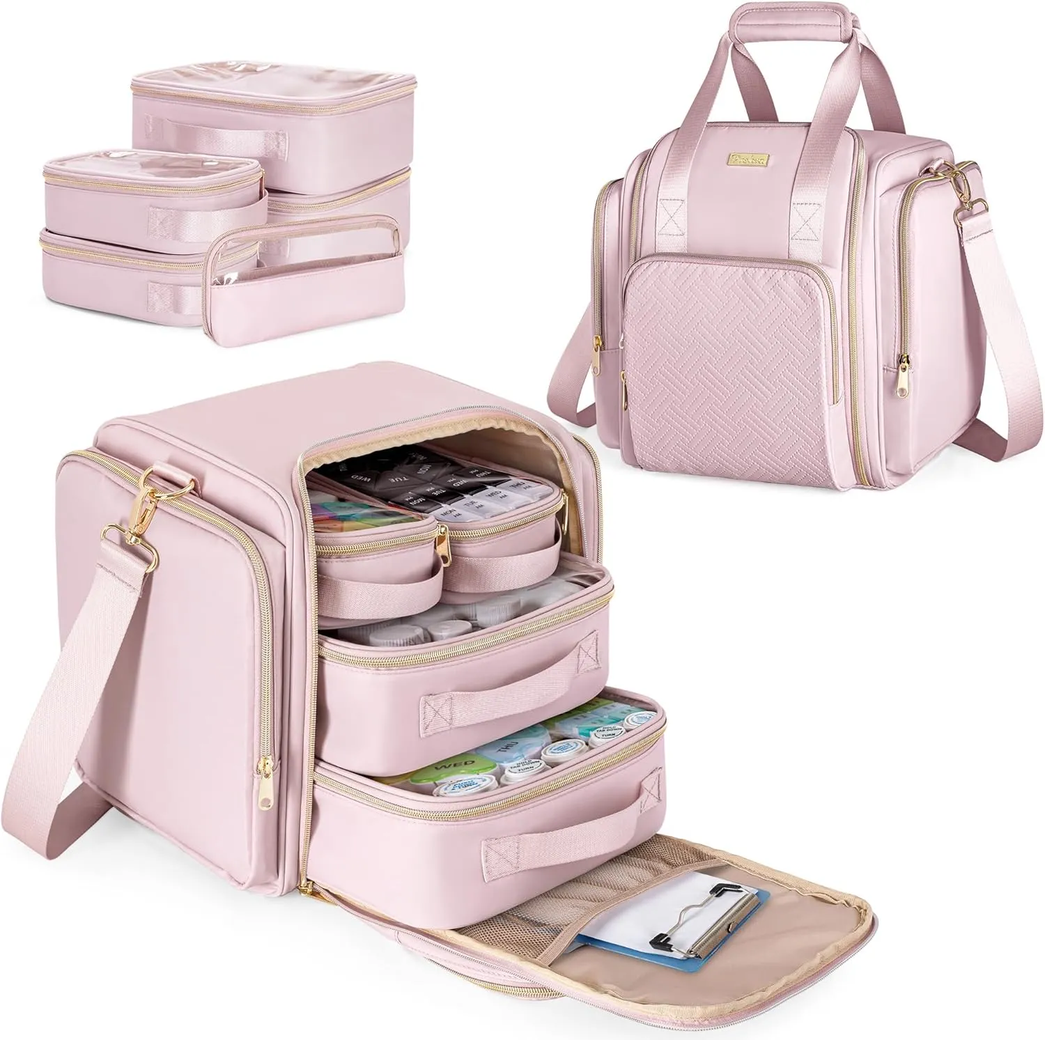Medicine Storage Bag with 5 Removable Pouches, Pill Bottle Organizer Bag with Shoulder Strap, Large Medication Travel Bag for Medical Supplies, Pink(Only Empty Bag)