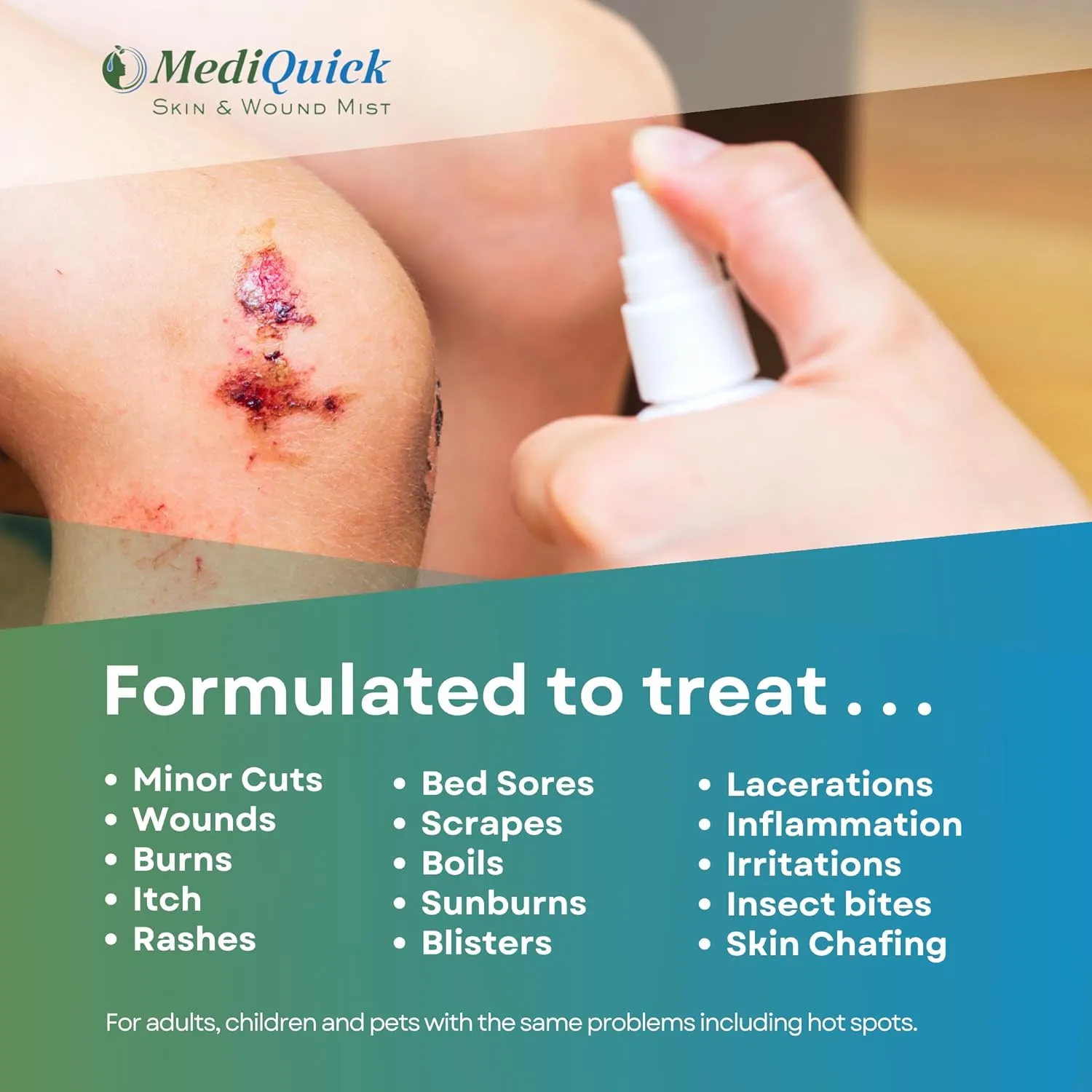 MediQuick Antiseptic Spray Mist | Skin & Wound Repair First Aid Spray for Acne Rash Burns Cuts Eczema Itch Bites & More with 12 Hour Action | Safe Wound Wash with No Sting | 4 Oz