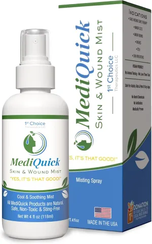 MediQuick Antiseptic Spray Mist | Skin & Wound Repair First Aid Spray for Acne Rash Burns Cuts Eczema Itch Bites & More with 12 Hour Action | Safe Wound Wash with No Sting | 4 Oz