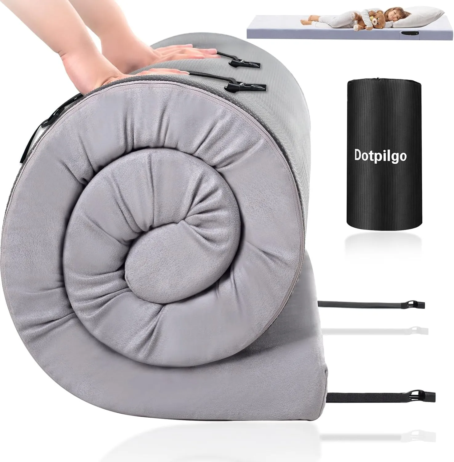 Memory Foam Camping Mattress Pad Portable Roll Up Bed Mattress Topper Lightweight Sleep Mat Cot Mattress Pad Guest Bed for Adults Travel Car Camping with Removable Waterproof Cover Travel Bag