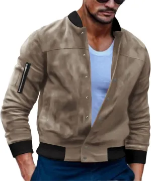 Men’s Suede Bomber Jacket Lightweight Classic Fit Snap Button Down Varsity Coat Casual Spring Fall Windbreaker