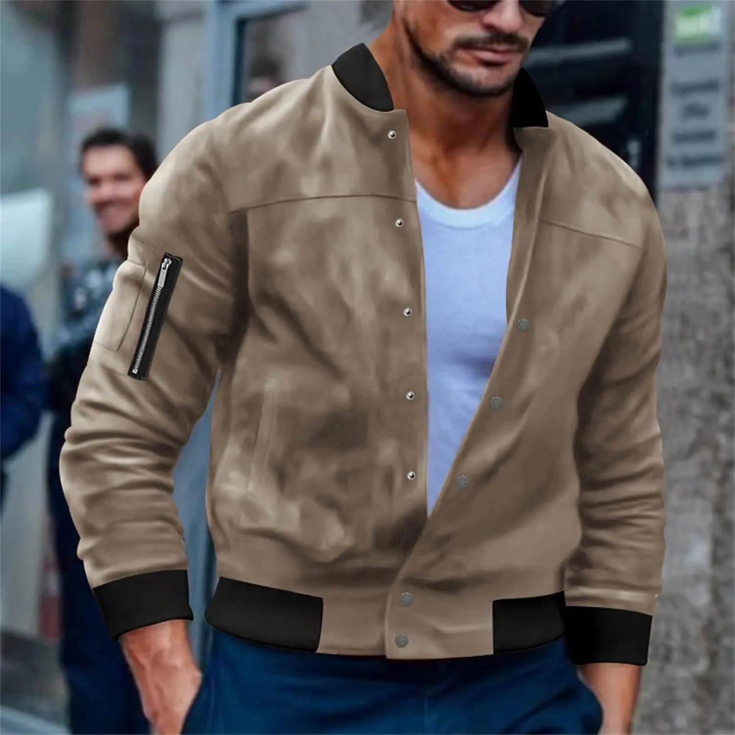 Men’s Suede Bomber Jacket Lightweight Classic Fit Snap Button Down Varsity Coat Casual Spring Fall Windbreaker