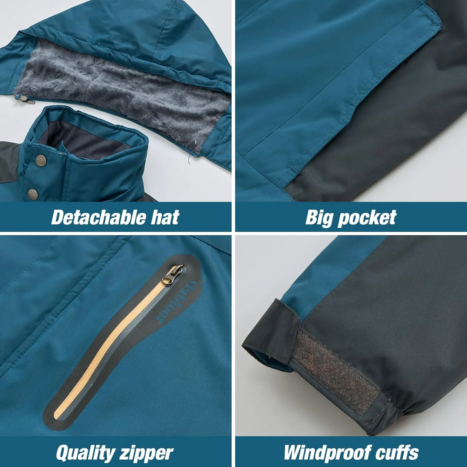 Men's Winter Ski Jacket Warm Waterproof Fleece Liner Snow Coat Hooded Windproof Mountain Raincoat