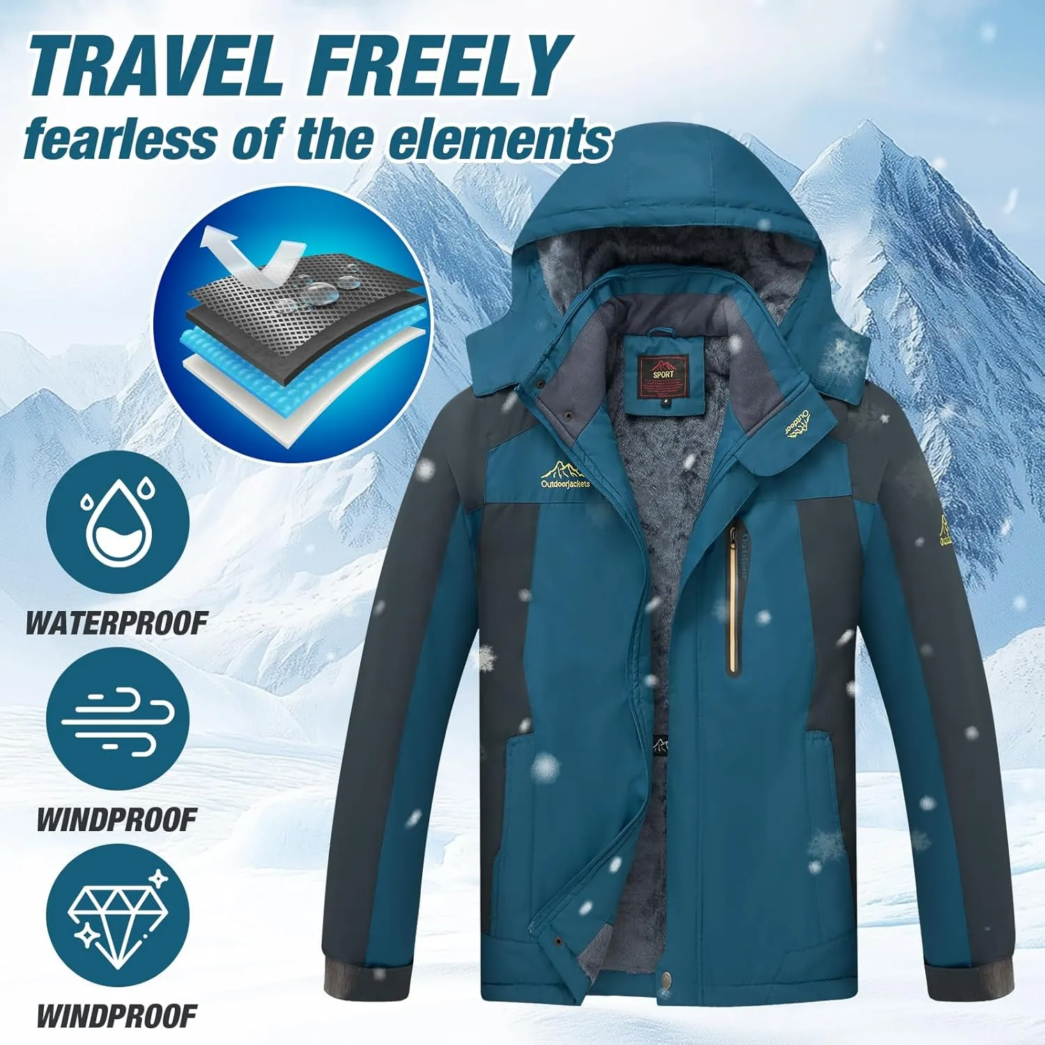 Men's Winter Ski Jacket Warm Waterproof Fleece Liner Snow Coat Hooded Windproof Mountain Raincoat