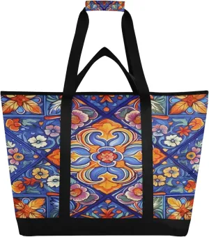 Mexican Talavera Reusable Insulated Cooler Bag with Ice Pack Compartment - Large 47L Waterproof Thermal Grocery Tote for Picnic Beach Camping Lunch Storage