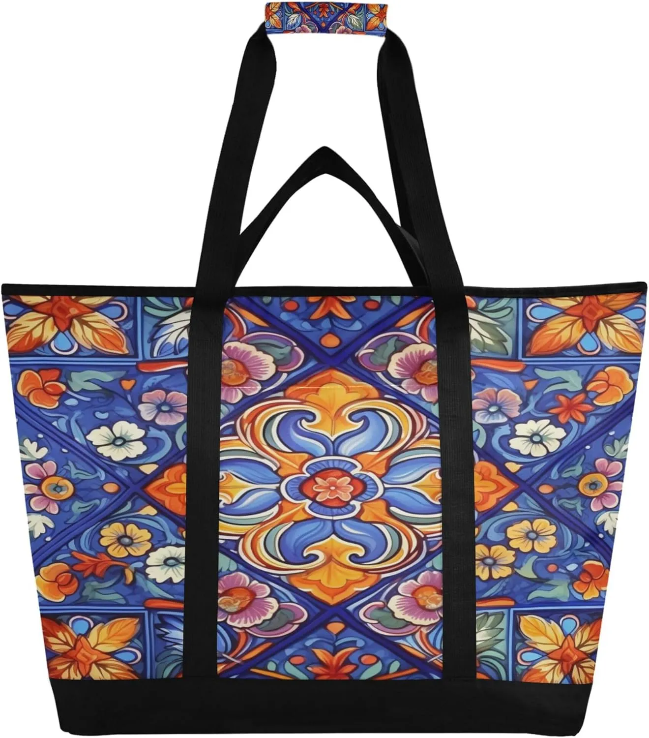 Mexican Talavera Reusable Insulated Cooler Bag with Ice Pack Compartment - Large 47L Waterproof Thermal Grocery Tote for Picnic Beach Camping Lunch Storage
