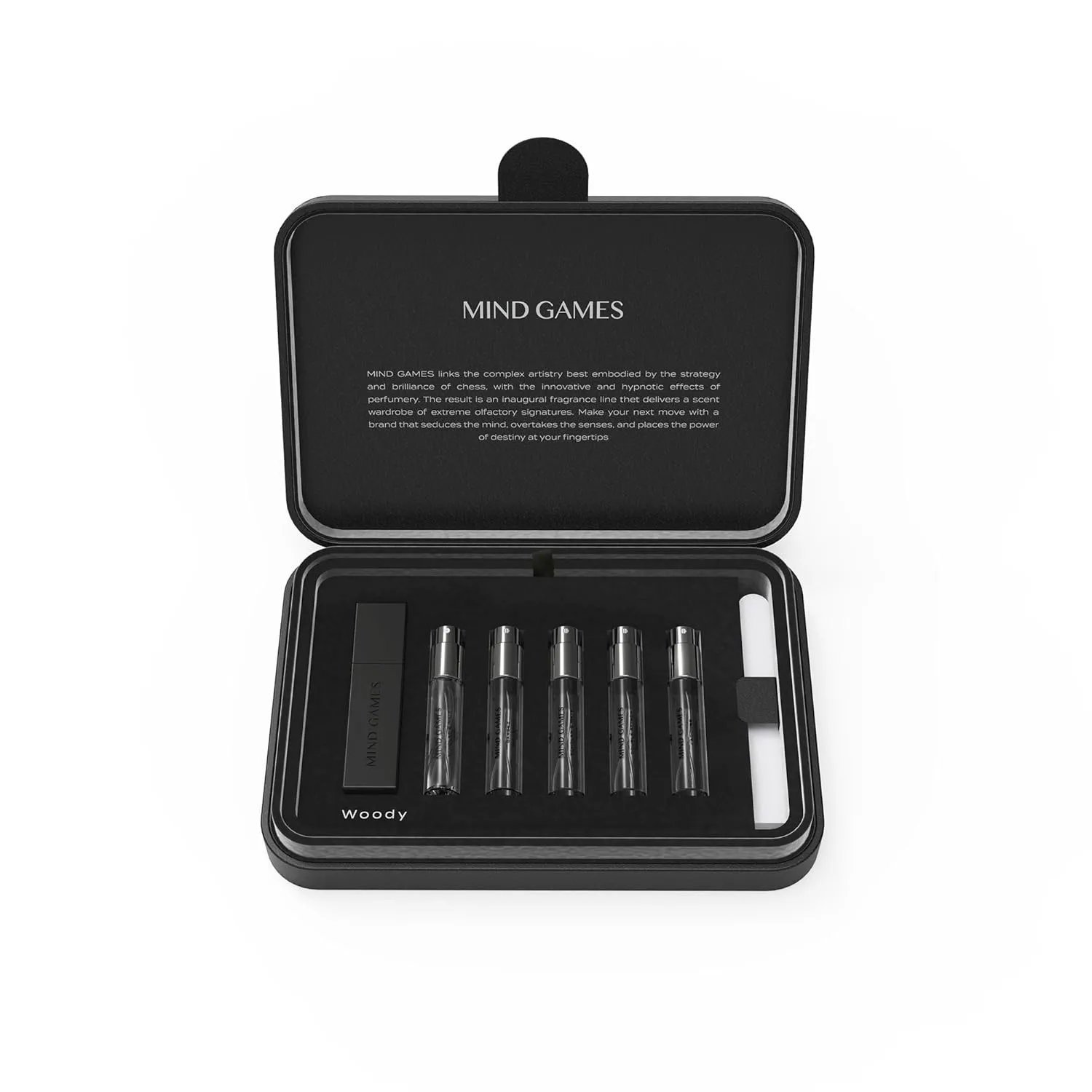 MIND GAMES Woody Discovery Set - Designer Perfume kit for Women & Men - Luxury Fragrance kit with Gardez, Scholar’s Mate, As-Suli’s Diamond, Gambit & Vieri - Designer Perfume Gift Set
