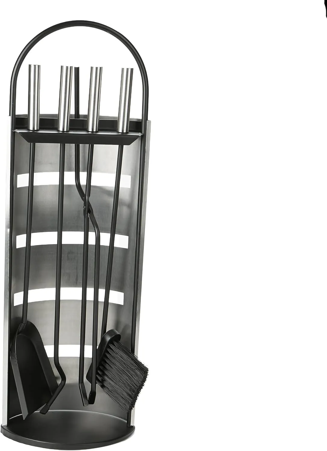 Mind Reader Fireplace Set with Stand, Brush, Shovel Scoop, Poker, Tongs, Durable Steel, 9"L x 6"W x 26.25"H, 4 Pcs, Silver