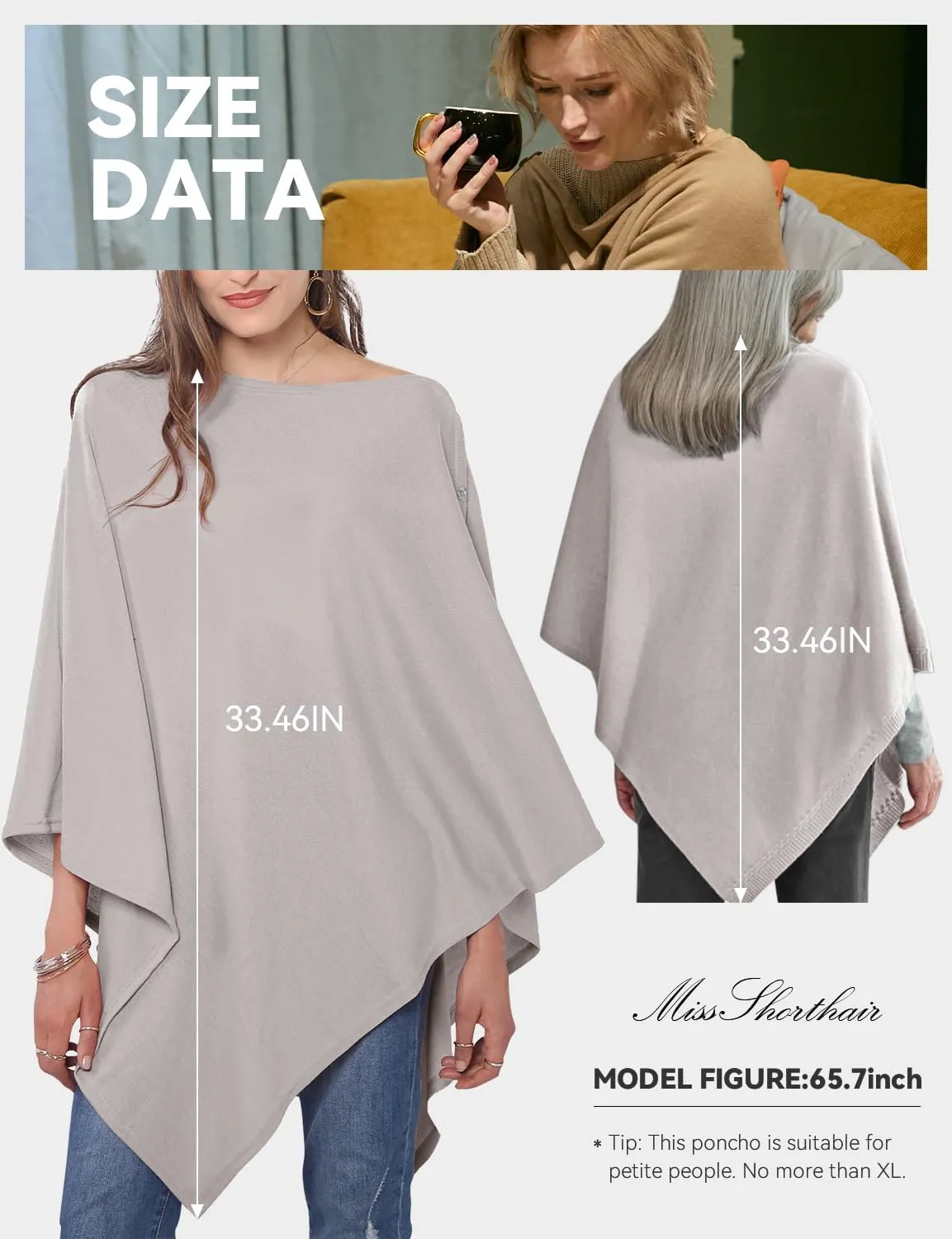 MissShorthair Women's Lightweight Knitted Scarf Poncho Sweater Cape Shawl Versatile Spring Summer Ponchos Wraps