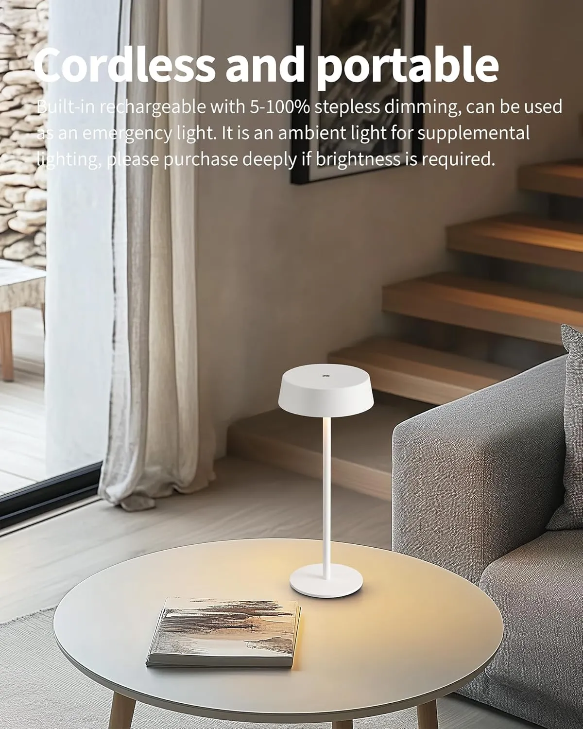 Modern Cordless Table Lamp Set of 2, Portable LED Desk Lamps, Rechargeable 5000mAh Battery Operated, Dimming Night Light for Bedroom, Dining Room, Bar, Outdoor, Waterproof (White)