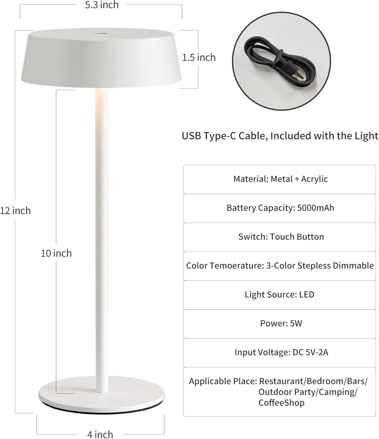 Modern Cordless Table Lamp Set of 2, Portable LED Desk Lamps, Rechargeable 5000mAh Battery Operated, Dimming Night Light for Bedroom, Dining Room, Bar, Outdoor, Waterproof (White)