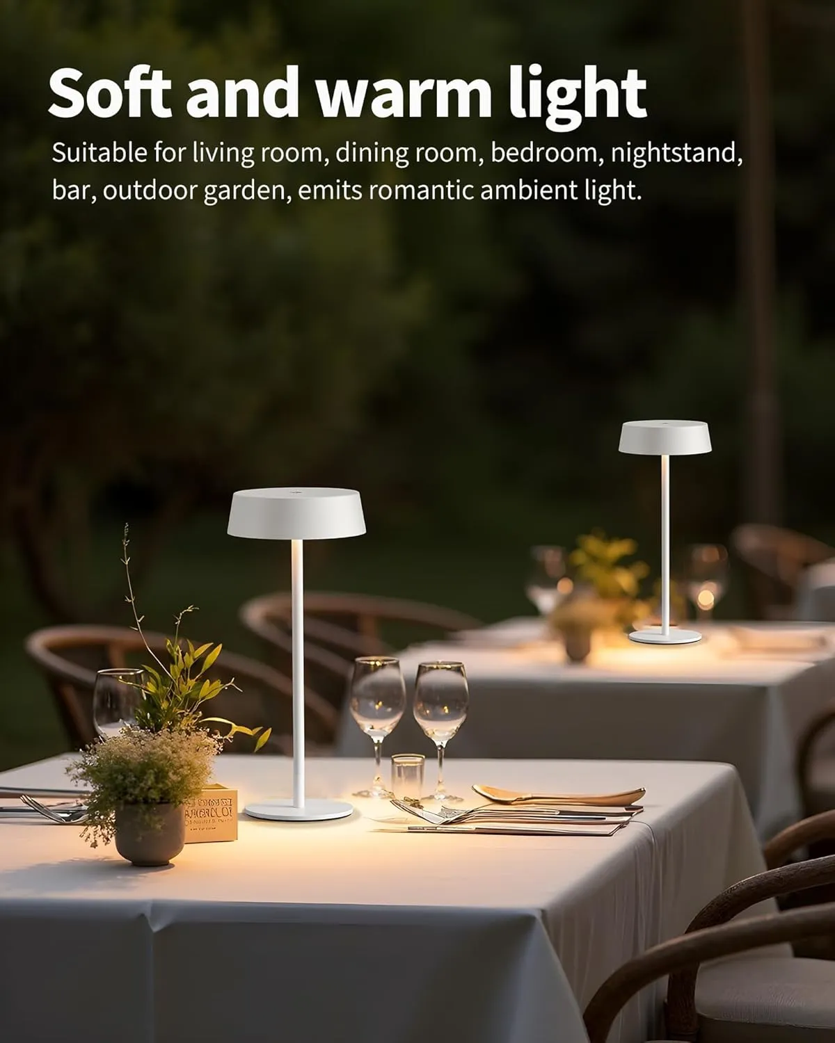 Modern Cordless Table Lamp Set of 2, Portable LED Desk Lamps, Rechargeable 5000mAh Battery Operated, Dimming Night Light for Bedroom, Dining Room, Bar, Outdoor, Waterproof (White)