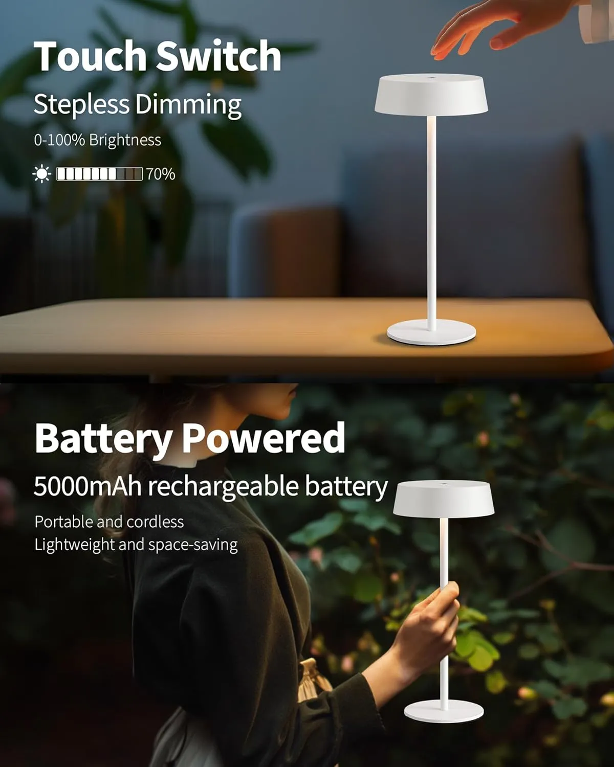 Modern Cordless Table Lamp Set of 2, Portable LED Desk Lamps, Rechargeable 5000mAh Battery Operated, Dimming Night Light for Bedroom, Dining Room, Bar, Outdoor, Waterproof (White)
