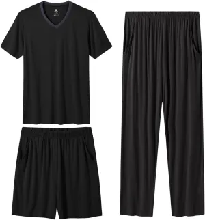 MoFiz Men's Pajama Set 3 Pieces Lightweight Sleep Cozy Modal Lounge Sleep Set Bottoms Pants T-Shirt Pajama Shorts for Men