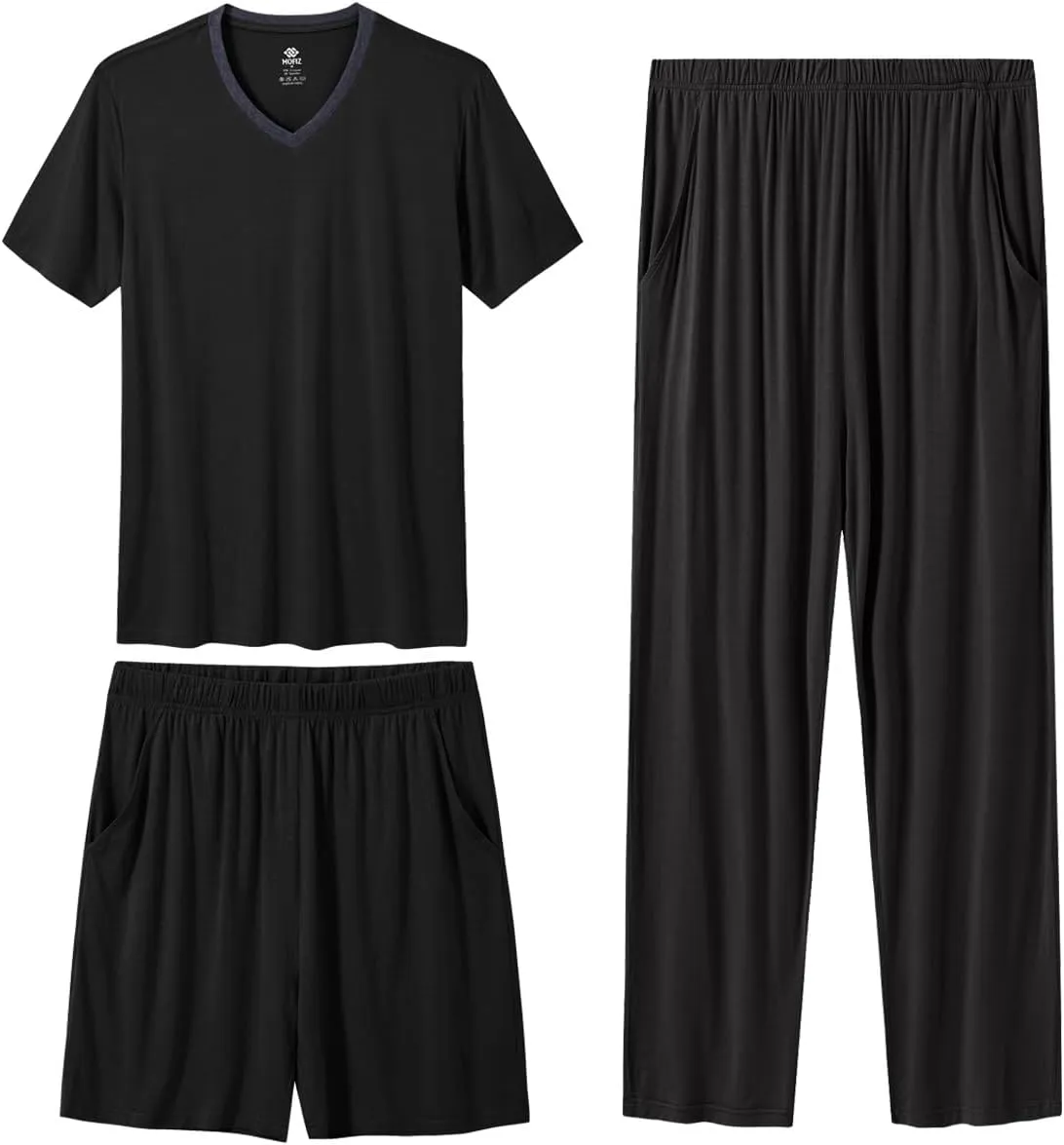 MoFiz Men's Pajama Set 3 Pieces Lightweight Sleep Cozy Modal Lounge Sleep Set Bottoms Pants T-Shirt Pajama Shorts for Men