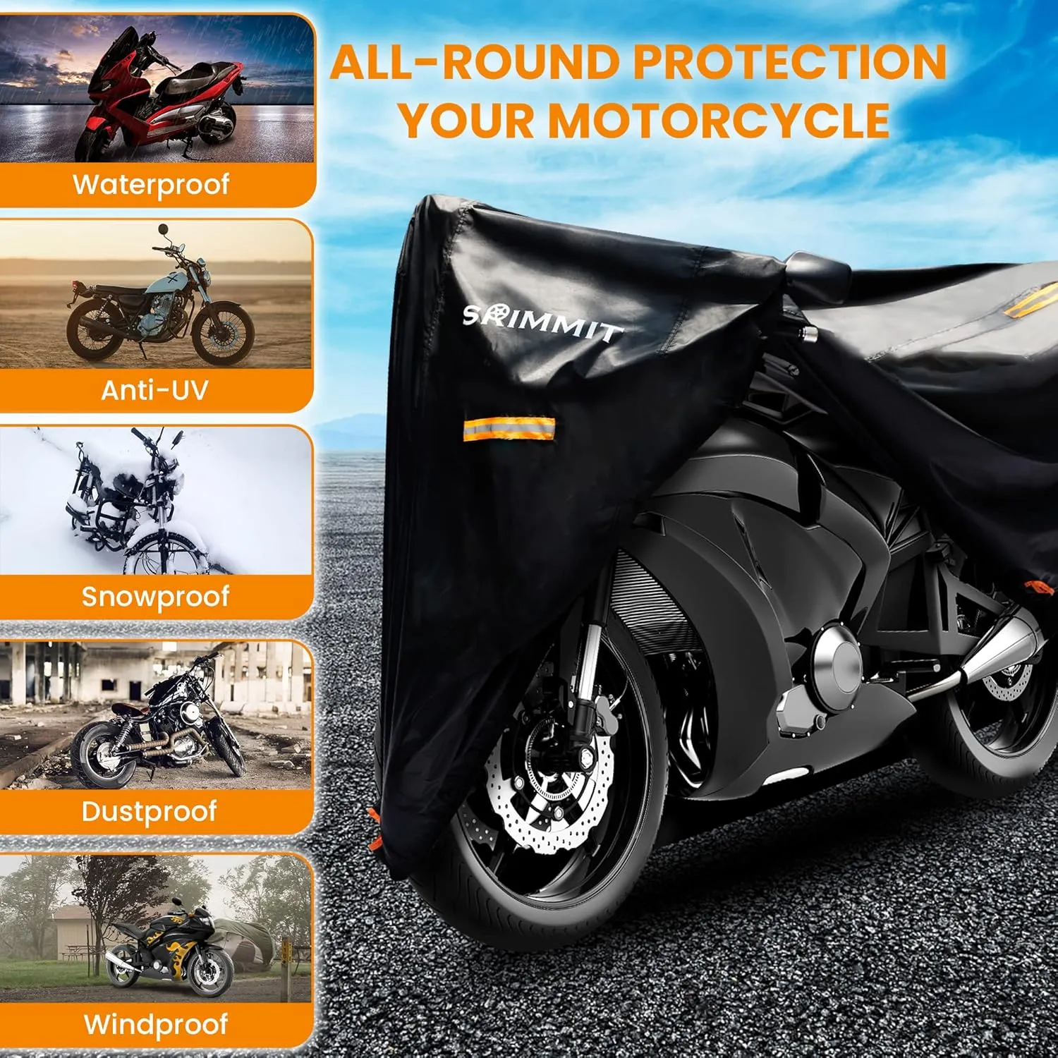 Motorcycle Covers Waterproof Outdoor Storage,420D Heavy Duty Motorcycle Tarp,Universal for All Season,with License Plate Window, 4 Reflective Strips, Lock-Holes Storage Bag (XXL -90" x 37" x 50")