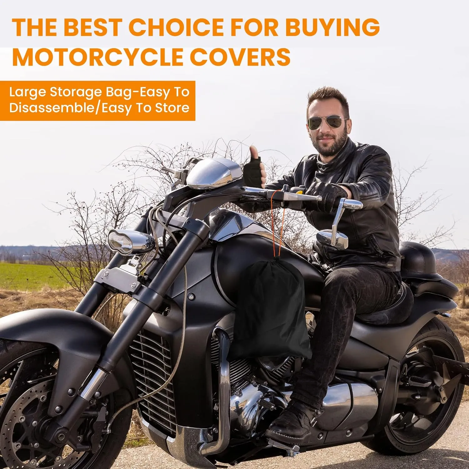 Motorcycle Covers Waterproof Outdoor Storage,420D Heavy Duty Motorcycle Tarp,Universal for All Season,with License Plate Window, 4 Reflective Strips, Lock-Holes Storage Bag (XXL -90" x 37" x 50")