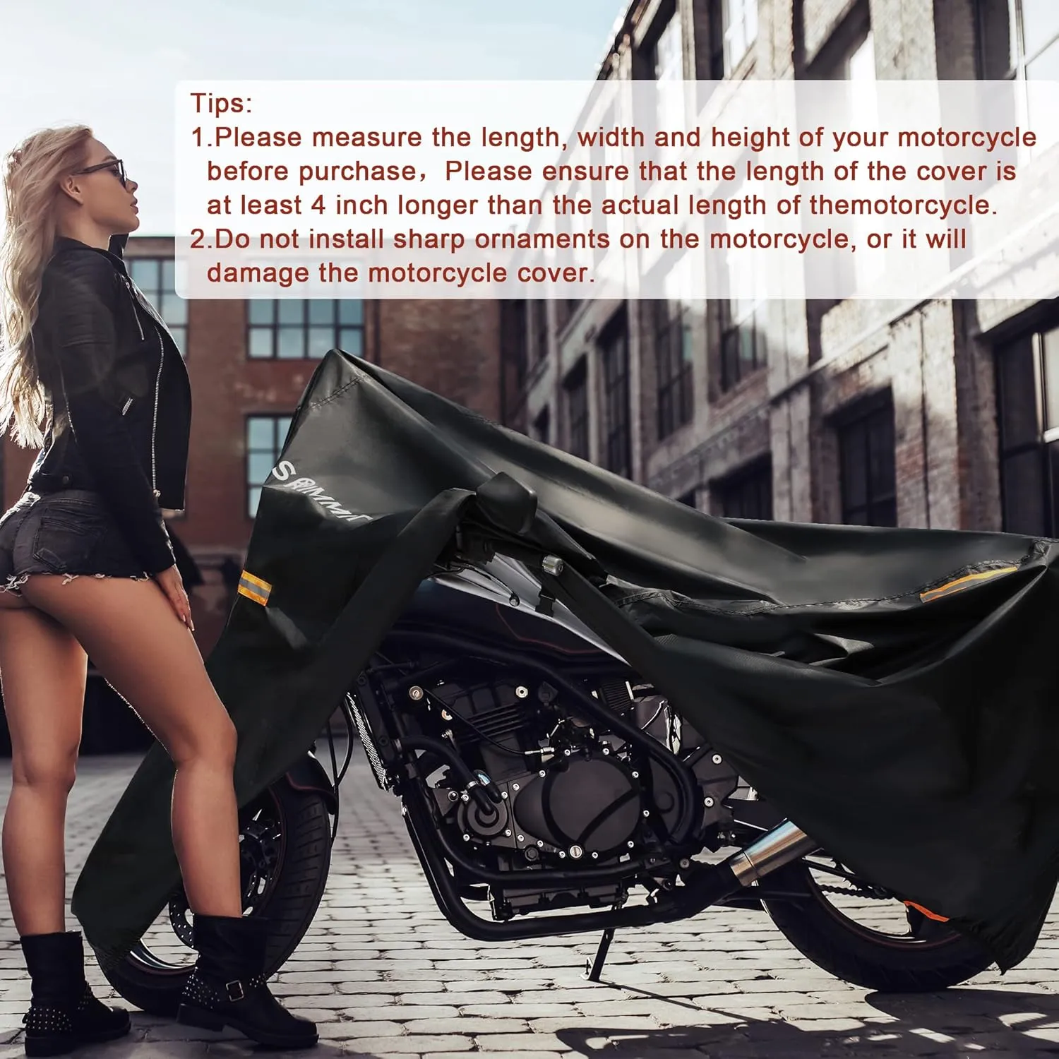 Motorcycle Covers Waterproof Outdoor Storage,420D Heavy Duty Motorcycle Tarp,Universal for All Season,with License Plate Window, 4 Reflective Strips, Lock-Holes Storage Bag (XXL -90" x 37" x 50")