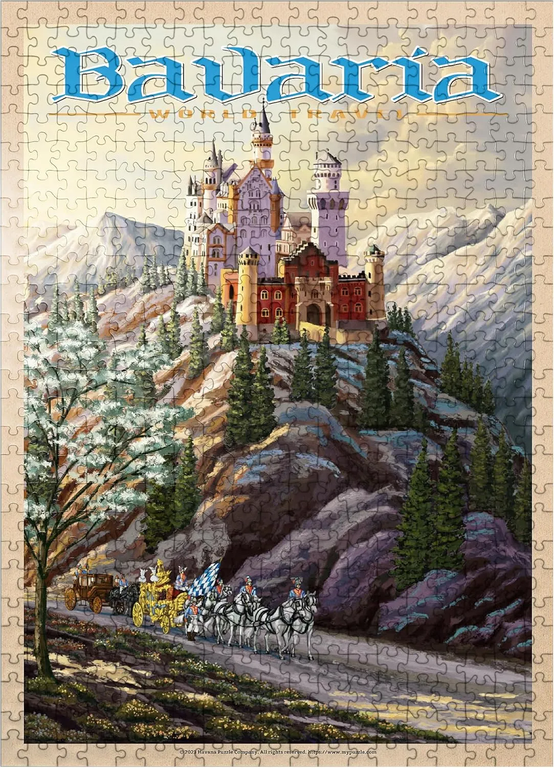MyPuzzle Neuschwanstein Castle, Germany - Whispers of Winter's Fantasy, Vintage Travel Poster - Premium 500 Piece Jigsaw Puzzle for Adults