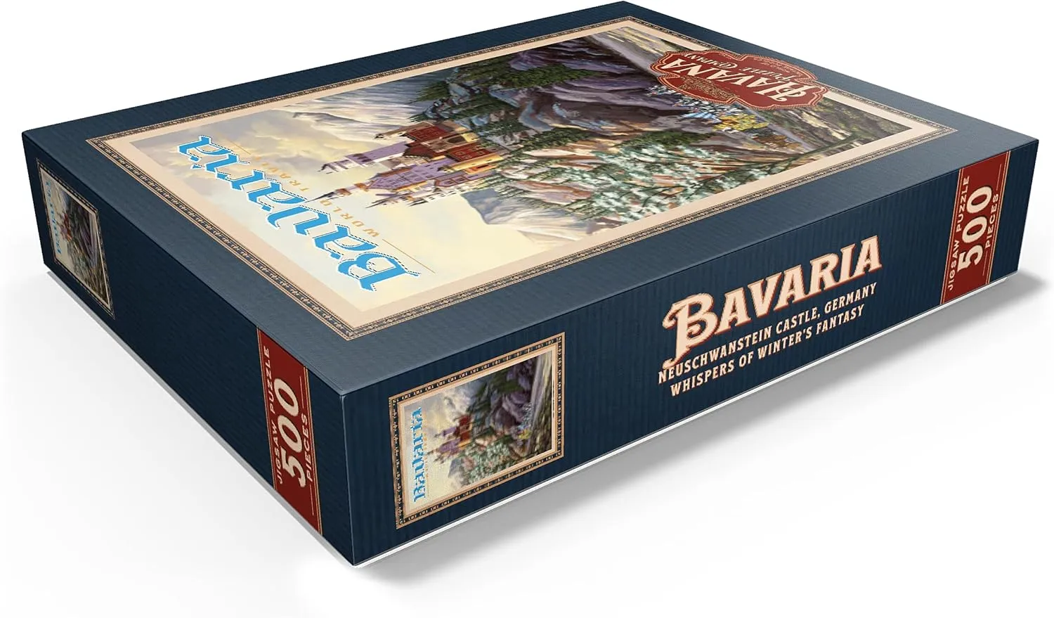 MyPuzzle Neuschwanstein Castle, Germany - Whispers of Winter's Fantasy, Vintage Travel Poster - Premium 500 Piece Jigsaw Puzzle for Adults