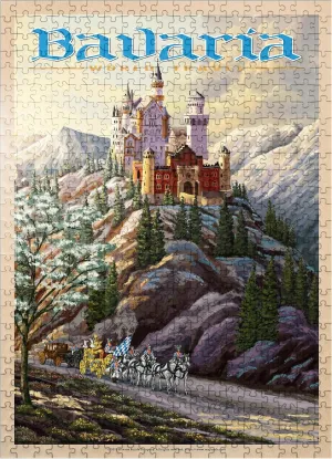 MyPuzzle Neuschwanstein Castle, Germany - Whispers of Winter's Fantasy, Vintage Travel Poster - Premium 500 Piece Jigsaw Puzzle for Adults