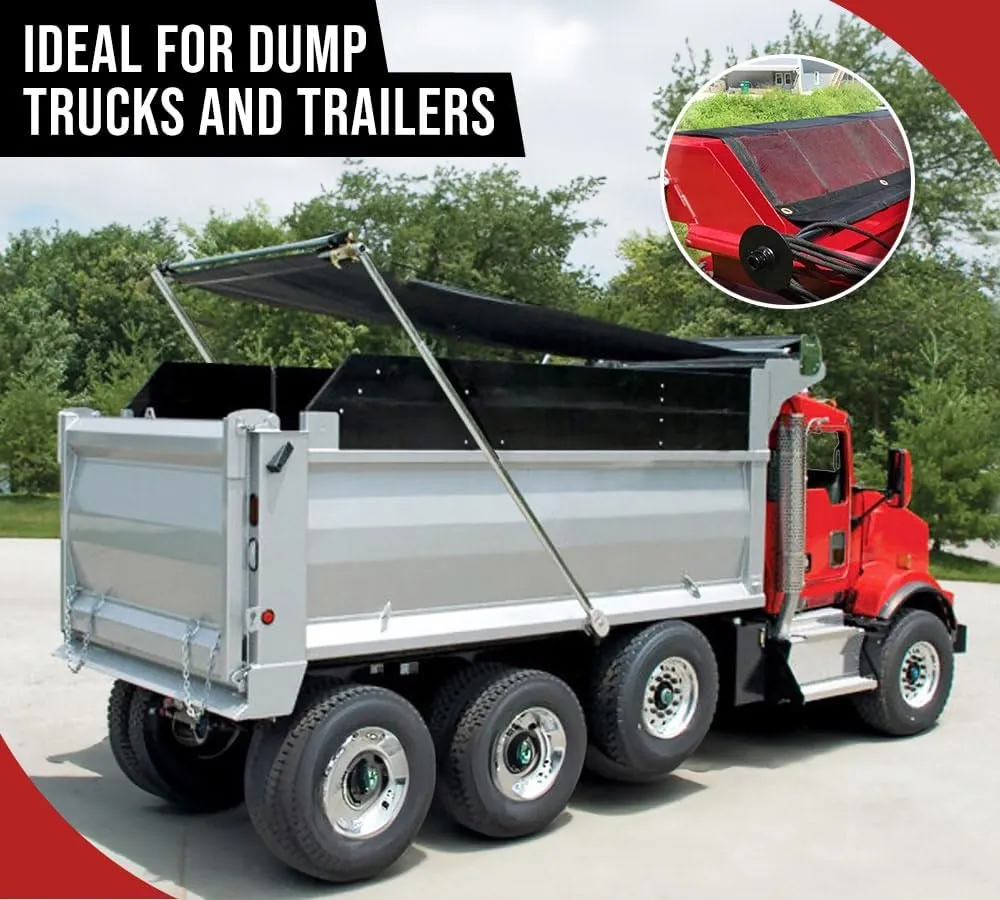 Mytee Products 8'x12' Dump Truck Mesh Tarp with 5 Inch 18Oz Double Pocket & Grommets - Vinyl Coated Dump Trailer Tarp to Prevent Load Spillage During Transportation