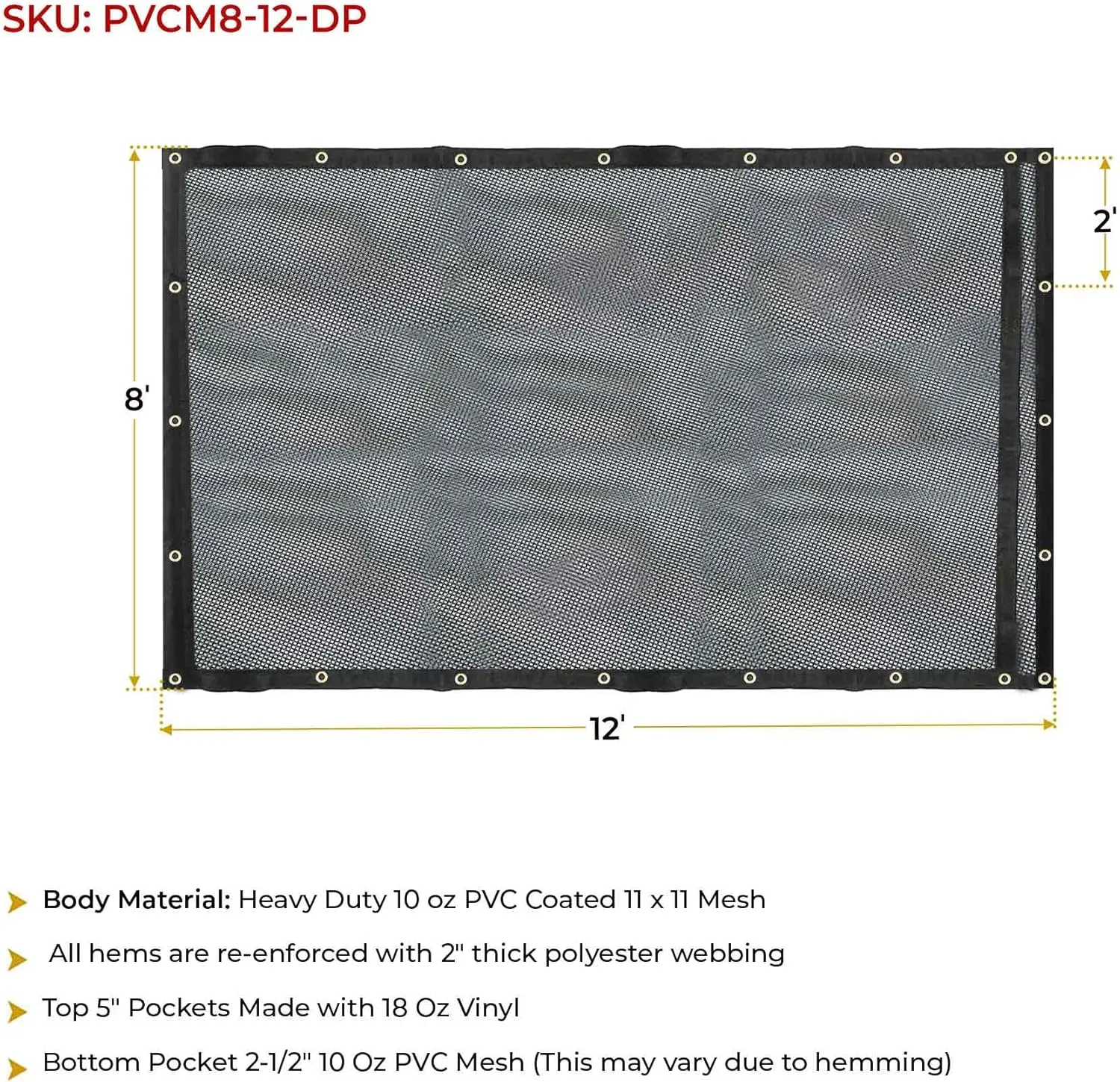 Mytee Products 8'x12' Dump Truck Mesh Tarp with 5 Inch 18Oz Double Pocket & Grommets - Vinyl Coated Dump Trailer Tarp to Prevent Load Spillage During Transportation