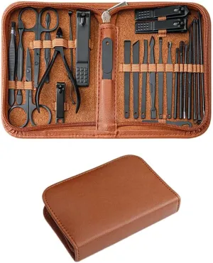 Nail Clipper Set 26 PCS Professional Nail Clipper Set, Manicure & Eyebrow Kit, Stainless Steel Grooming Tools with Pedicure Clippers, Tweezers, Scissors, Brush, Travel Case (Brown) for male and female