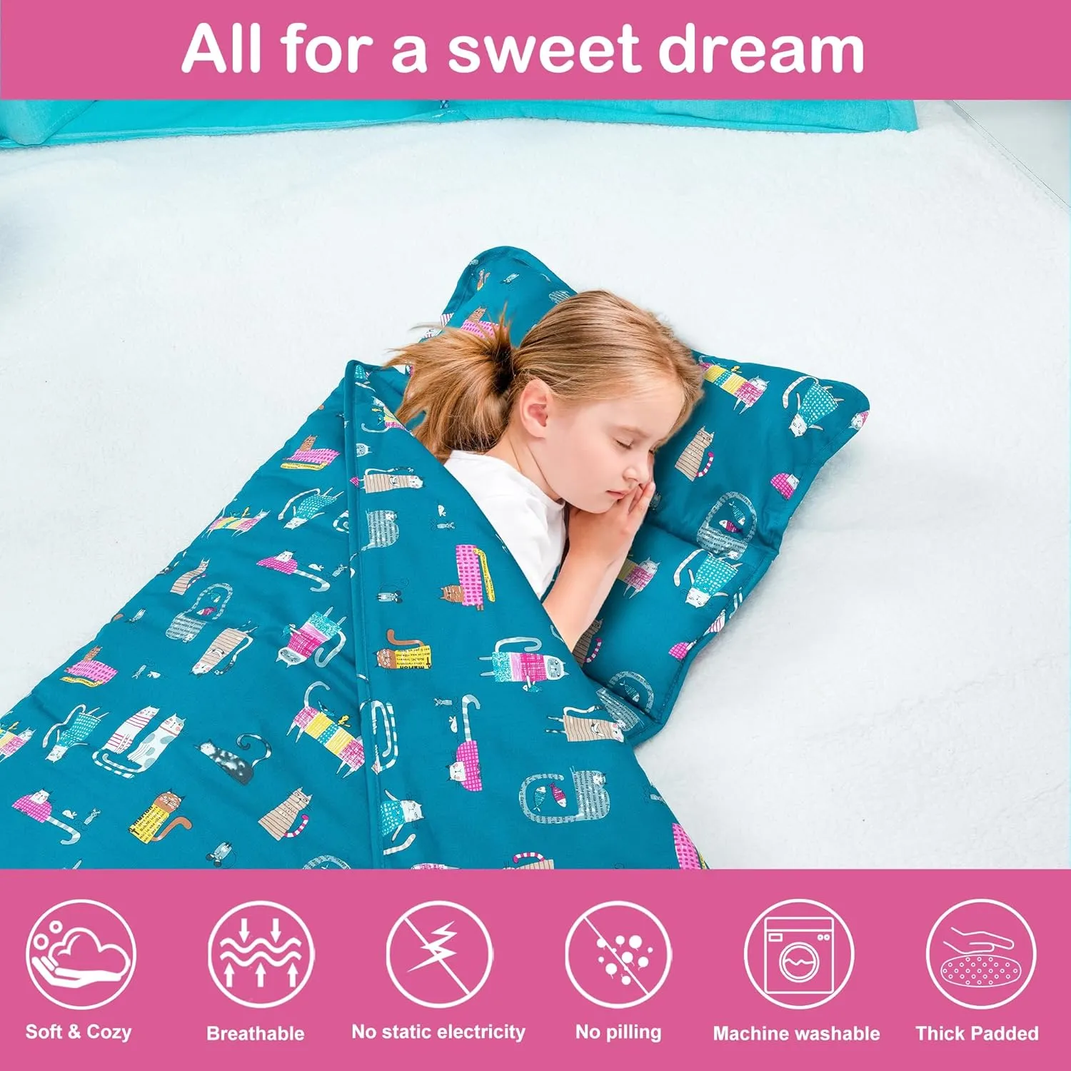 Nap Mat with Pillow and Blanket 100% Cotton with Microfiber Fill, Padded Sleeping Mat, for Daycare Preschool Toddler Prek Girls Kids (Ladylike Cat, Standard-50 x20)